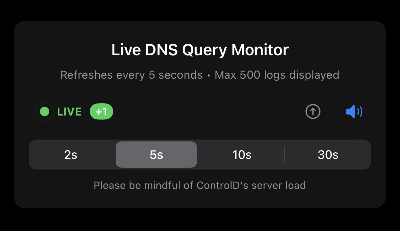 A screenshot of the Live Logs header section of the ControlHub app.