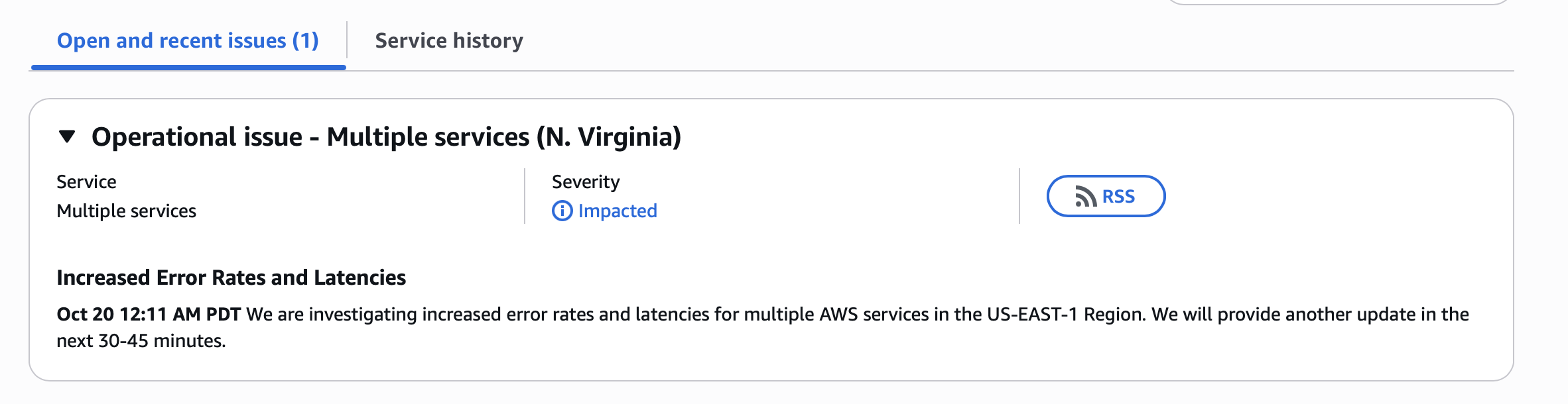 An screenshot showing AWS Health page with an issue impacting multiple services. An screenshot showing AWS Health page with an issue impacting multiple services.