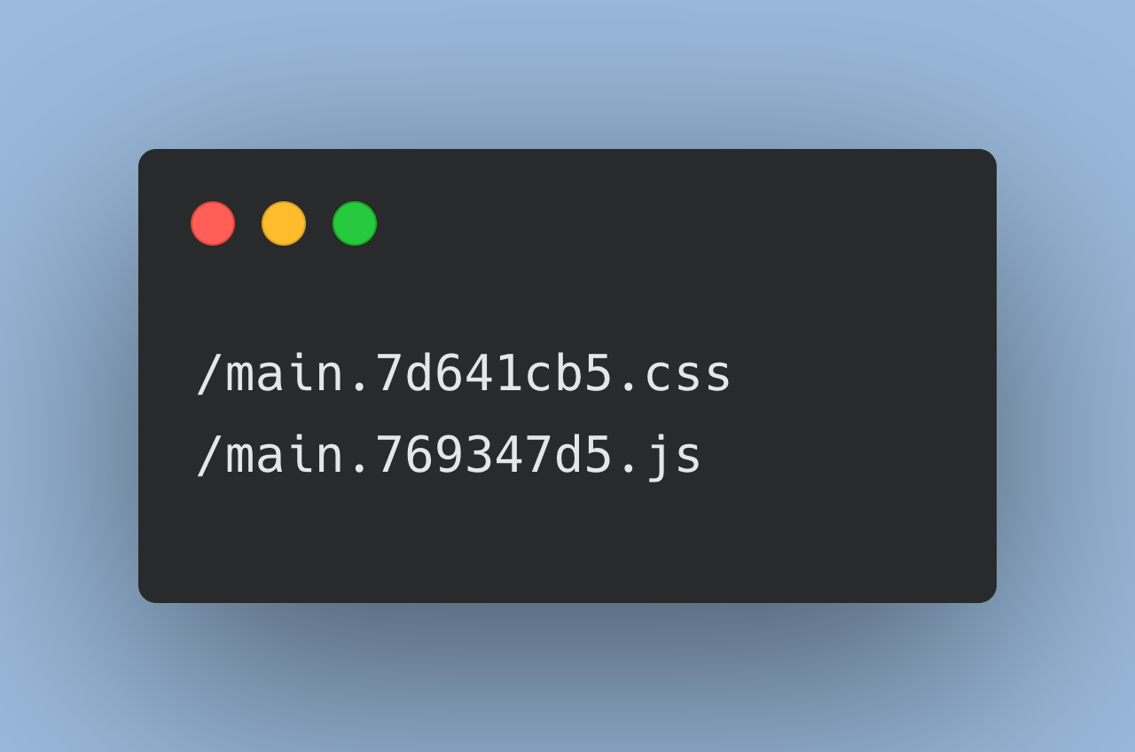 A terminal styled window showing a hashed file name for main.css and main.js