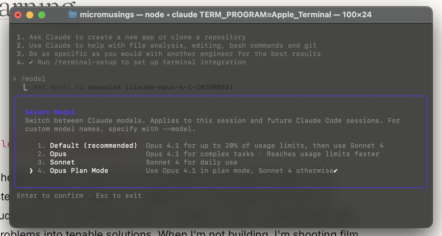 A screenshot of the Terminal app on Mac running Claude code in the model selection mode. The selection options now contain the new "Opus Plan Mode"