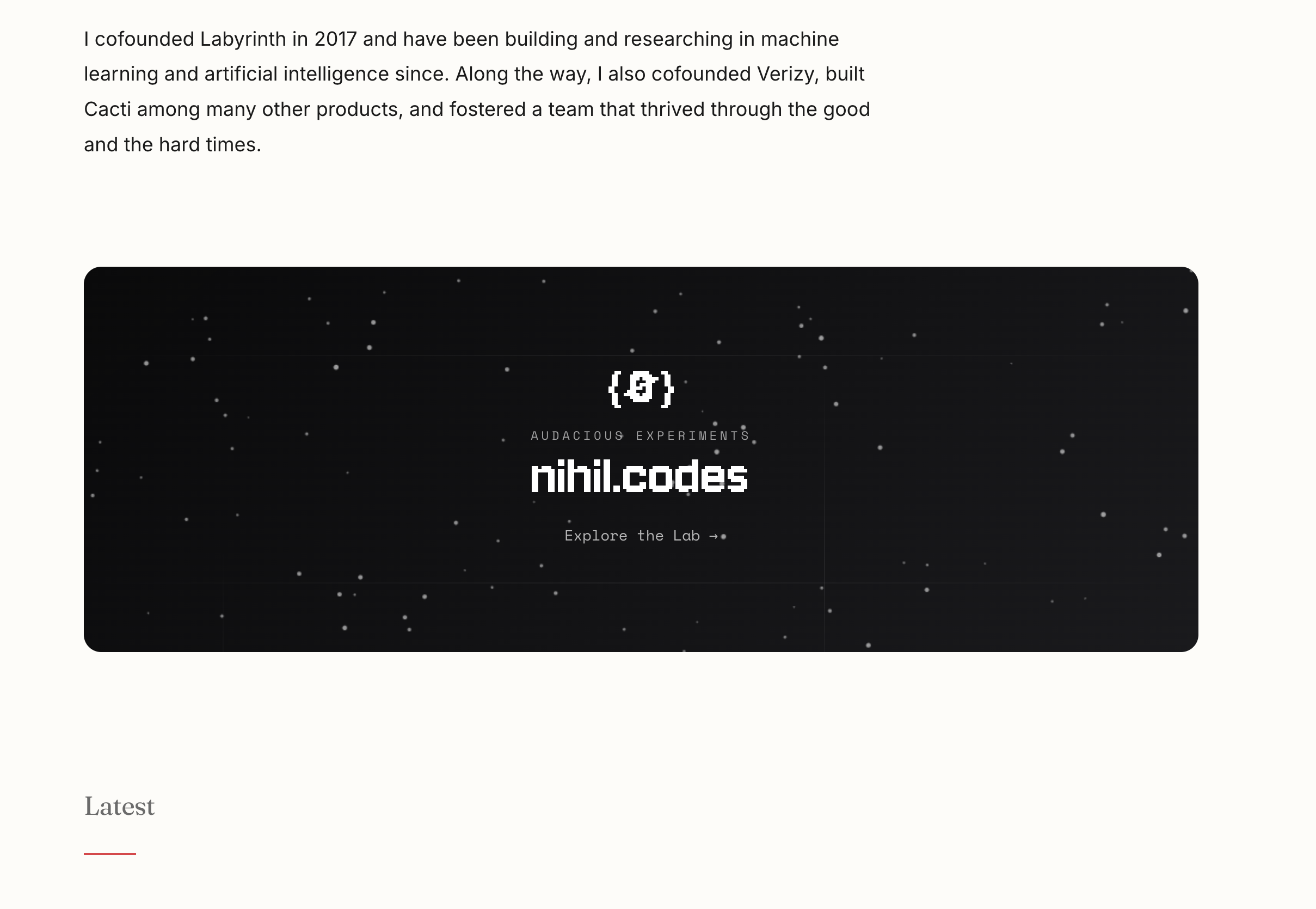 A rounded dark banner with a star-filled background. At the center is the nihil.codes pixel-style logo with the text ‘Audacious Experiments’ and a link below that says ‘Explore the Lab →.'