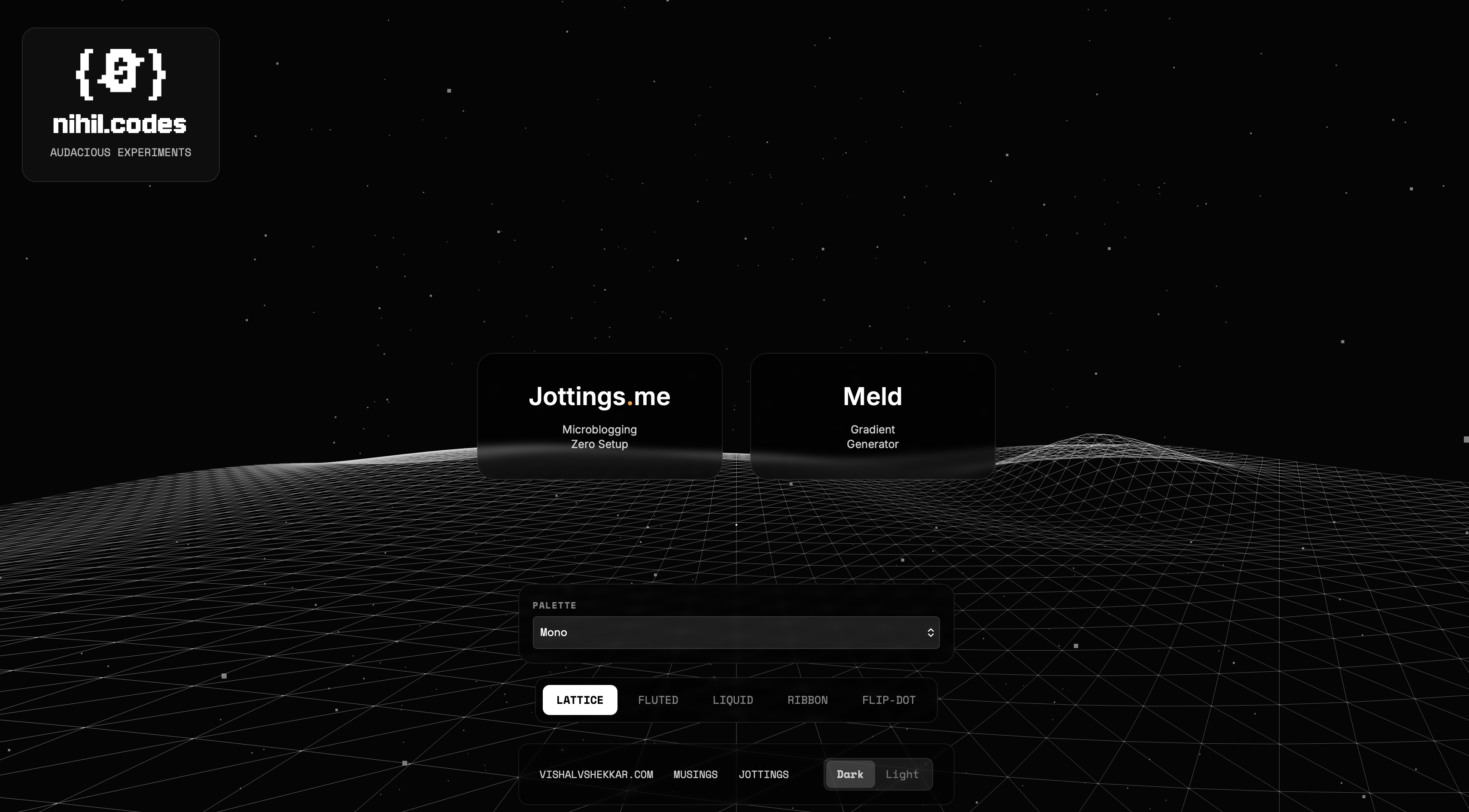 A dark futuristic homepage of nihil.codes with a starry sky and a 3D wireframe terrain. The nihil.codes pixel-style logo appears on the left. Center cards highlight two projects—Jottings.me (microblogging) and Meld (gradient generator). Below them are palette and style toggles, with dark/light mode options and footer links.